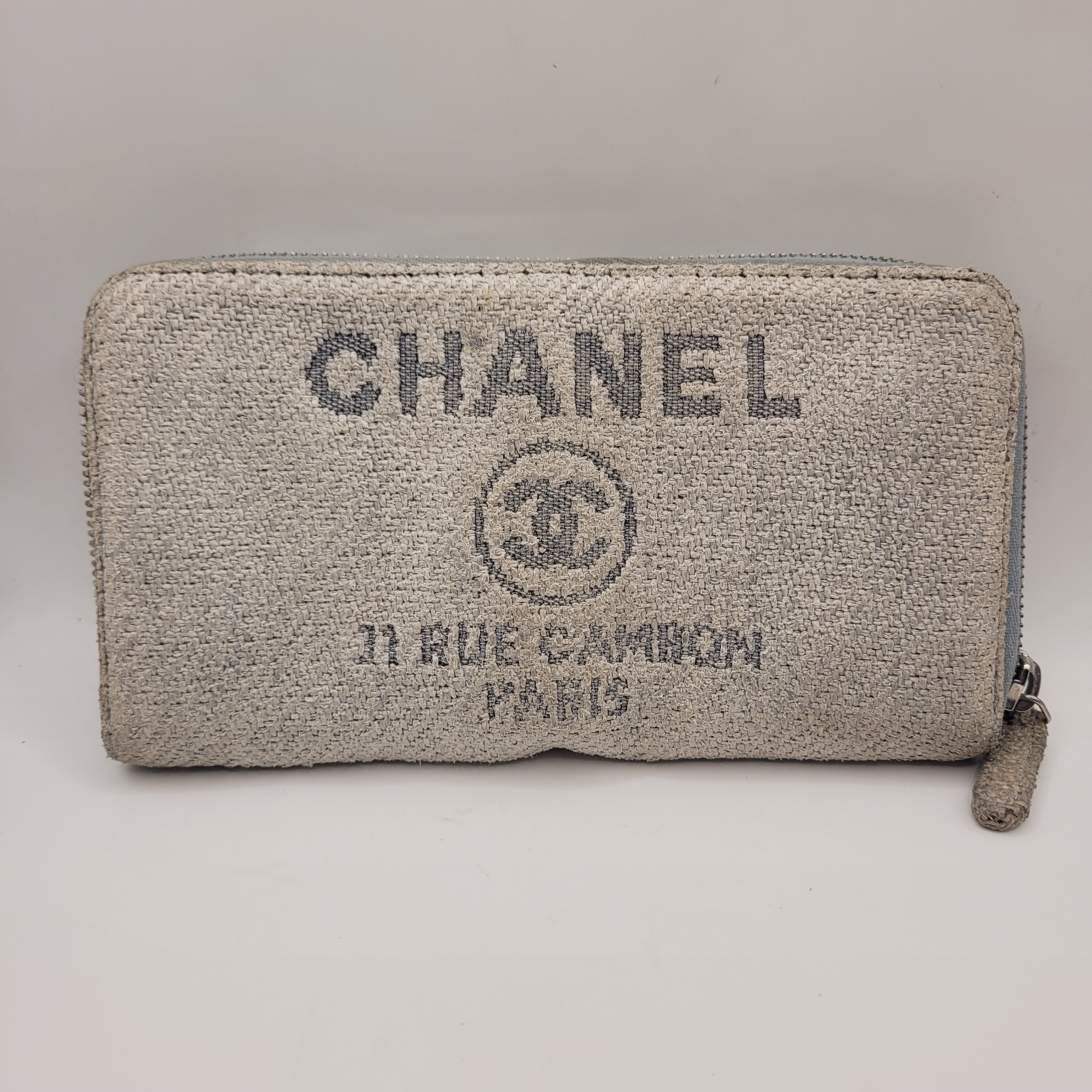 Chanel Tweed Canvas Deauville Zip Around Blue Gray Wallet